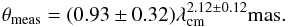 Mathematical equation: \begin{equation} \theta_{\rm meas} = (0.93\pm0.32) \lambda_{\rm cm}^{2.12\pm0.12} {\rm mas}. \label{eqno3} \end{equation}