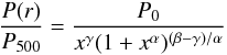 Mathematical equation: \begin{equation} \label{cluster_profile} {P(r) \over P_{500}} = {P_0 \over x^\gamma (1 + x^\alpha)^{(\beta-\gamma)/\alpha}} \end{equation}