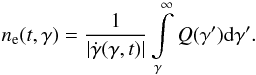 Mathematical equation: \begin{equation} \label{eq:elec_dis} n_{\rm e}(t,\gamma) = {1\over|\dot{\gamma}(\gamma,t)|} \int\limits^\infty_\gamma Q(\gamma'){\rm d}\gamma'. \end{equation}