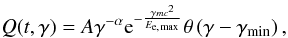 Mathematical equation: \begin{equation} \label{e_injection} Q(t,\gamma) = A\gamma^{-\alpha}{\rm e}^{-\frac{\gamma mc^{2}}{E_{\rm e,\,max}}} \theta\left(\gamma-\gamma_{\rm min}\right), \end{equation}