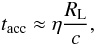 Mathematical equation: \begin{equation} \label{eq:accel} t_{\rm acc}\approx \eta\frac{R_{\rm L}}{c}, \end{equation}