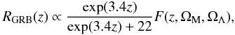 Mathematical equation: \begin{equation} \label{SFR} R_{\rm GRB}(z)\propto \frac{\exp(3.4z)}{\exp(3.4z)+22}F(z,\Omega_{\rm M},\Omega_{\Lambda}), \end{equation}