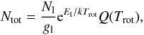 Mathematical equation: \begin{equation} \label{ntot} N_{\rm tot} = {{N_{\rm l}}\over{g_{\rm l}}}{\rm e}^{E_{\rm l}/kT_{\rm rot}}Q(T_{\rm rot}), \end{equation}