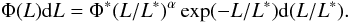 Mathematical equation: \begin{equation} \Phi(L){\rm d}L=\Phi^*(L/L^*)^{\alpha}\exp(-L/L^*){\rm d}(L/L^*). \end{equation}