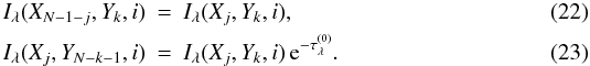 Mathematical equation: \begin{eqnarray} \label{eq:isymm1} \Il(X_{N-1-j},Y_k,i) &=& \Il(X_j,Y_k,i) , \\ \label{eq:isymm2} \Il(X_j,Y_{N-k-1},i) &=& \Il(X_j,Y_k,i)\,\e^{-\taul^{(0)}} . \end{eqnarray}