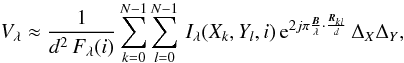 Mathematical equation: \begin{eqnarray} \label{eq:numvis} \Vl \approx \frac{1}{d^2\,F_\lambda(i)} \sum\limits_{k=0}^{N-1}\sum\limits_{l=0}^{N-1}\, \Il(X_k,Y_l,i)\,\e^{ 2j\pi\frac{\vec{B}}{\lambda}\cdot\frac{\vec{R}_{kl}}{d} } \,{\Deltax\Deltay} , \end{eqnarray}