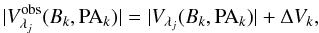 Mathematical equation: \begin{eqnarray} \label{eq:Vobs} |\Vobs_{\lambda_j}(\B_k,\PA_k)|=|V_{\lambda_j}(\B_k,\PA_k)|+\Delta V_k , \end{eqnarray}