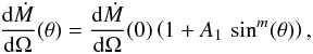 Mathematical equation: \begin{equation} \label{eq:massLossRate} \dMdO(\theta) = \dMdO(0)\left(1+A_1\,\sin^m(\theta)\right) , \end{equation}