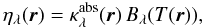 Mathematical equation: \begin{equation} \label{eq:emissivity} \etal(\rr) = \kappaabs(\rr)\,\Bl(T(\rr)) , \end{equation}