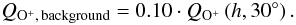 Mathematical equation: \begin{eqnarray} \label{Eq:quasiparallel-background-production-rate} Q_{\mathrm{O^+},\,{\rm background}} = 0.10 \cdot Q_{\mathrm{O^+}}\left(h, 30\degr\right). \end{eqnarray}