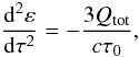 Mathematical equation: \begin{equation} \frac{{\rm d}^2\varepsilon}{{\rm d}\tau^2} =-\frac{3\qtot}{c\tau_0}, \label{diffusion_equation} \end{equation}
