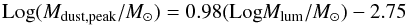 Mathematical equation: \begin{equation} {\rm Log} (M_{\rm dust,peak}/M_{\odot})=0.98 ({\rm Log} M_{\rm lum}/M_{\odot}) - 2.75 \, \end{equation}