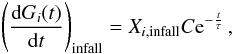 Mathematical equation: \begin{equation} \left({{\rm d} G_i (t) \over {\rm d} t}\right)_{\rm infall}= X_{i,\rm infall} C {\rm e}^{-{t \over \tau}}\, , \end{equation}