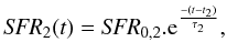 Mathematical equation: \begin{equation} {\it SFR}_ {2}(t) = {\it SFR}_{0, 2}.{\rm e}^{\frac{-(t-t_2)}{\tau_{2}}}, \end{equation}