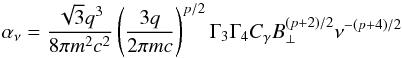 Mathematical equation: \begin{equation} \alpha_{\nu} = \frac{\sqrt{3} q^{3}}{8 \pi m^{2} c^{2}} \left( \frac{3 q}{2 \pi m c} \right)^{p/2} \Gamma_{3} \Gamma_{4} C_{\gamma} B_{\perp}^{(p+2)/2} \nu^{-(p+4)/2} \label{abs_coeff} \end{equation}