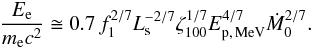 Mathematical equation: \begin{equation} \frac{E_{\rm e}}{m_{\rm e}c^{2}} \cong 0.7 \, f_{1}^{2/7} L_{\rm s}^{-2/7} \zeta_{100}^{1/7} E_{\rm p,\, MeV}^{4/7} \dot{M}_{0}^{2/7} . \end{equation}