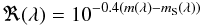 Mathematical equation: \begin{equation} \Re(\lambda) = 10^{-0.4(m(\lambda)-m_{\rm S}(\lambda))} \label{eq:refl1} \end{equation}