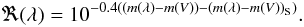 Mathematical equation: \begin{equation} \Re(\lambda) = 10^{-0.4((m(\lambda)-m(V))-(m(\lambda)-m(V))_{\rm S})} \label{eq:refl2}. \end{equation}