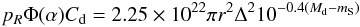 Mathematical equation: \begin{equation} p_R\Phi(\alpha)C_{\rm d} = 2.25 \times 10^{22} \pi r^2 \Delta^2 10^{-0.4(M_{\rm d} - m_{\rm S})} \label{eq:crosssect} \end{equation}