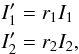 Mathematical equation: \begin{eqnarray} && I'_{1} = r_{1}I_{1} \nonumber \\ && I'_{2} = r_{2}I_{2}, \end{eqnarray}