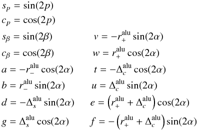 Mathematical equation: \appendix \setcounter{section}{1} \begin{eqnarray} && s_{p} = \sin(2p) \nonumber \\ && c_{p} = \cos(2p) \nonumber \\ && s_{\beta} = \sin(2\beta) \qquad\qquad v = -r_{+}^{\rm alu}\sin(2\alpha) \nonumber \\ && c_{\beta} = \cos(2\beta) \qquad\quad\;\;\, w = r_{+}^{\rm alu}\cos(2\alpha) \nonumber \\ && a = -r_{-}^{\rm alu}\cos(2\alpha) \qquad t = -\Delta_{c}^{\rm alu}\cos(2\alpha) \nonumber \\ && b = r_{-}^{\rm alu}\sin(2\alpha) \qquad\;\; u = \Delta_{c}^{\rm alu}\sin(2\alpha) \nonumber \\ && d = -\Delta_{s}^{\rm alu}\sin(2\alpha) \quad\; \; e = \left(r_{+}^{\rm alu}+\Delta_{c}^{\rm alu}\right)\cos(2\alpha) \nonumber \\ && g = \Delta_{s}^{\rm alu}\cos(2\alpha) \qquad f = -\left(r_{+}^{\rm alu}+\Delta_{c}^{\rm alu}\right)\sin(2\alpha) \end{eqnarray}