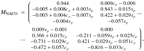 Mathematical equation: \begin{eqnarray} M_{\rm NACO} & = & {\small \left( \begin{array}{cc} 0.944 & \ \ \ 0.009c_{p}-0.006 \\ -0.005 + 0.008c_{p} + 0.003s_{p} & \ \ \ 0.843-0.015s_{p} \\ -0.003 + 0.004c_{p}-0.007s_{p} & \ \ \ 0.422 + 0.029s_{p} \\ -0.004s_{p} & \ \ \ -0.057s_{p} \end{array} ... \right.} \nonumber \\ & ...& {\small \left. \begin{array}{cc} 0.009s_{p}-0.001 & \ \ \ 0.000 \\ 0.366 + 0.015c_{p}& \ \ \ -0.211-0.059s_{p}+0.025c_{p} \\ -0.731-0.029c_{p} & \ \ \ 0.421-0.029s_{p}-0.051c_{p} \\ -0.472 + 0.057c_{p} & \ \ \ -0.816-0.033c_{p} \end{array} \right), } \label{nummattot} \end{eqnarray}