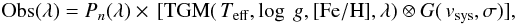 Mathematical equation: \begin{eqnarray*} {\rm Obs}(\lambda) = P_{n}(\lambda) \times \,[{\rm TGM}(\,T_{\rm{eff}},\log~g,[{\rm Fe/H}],\lambda) \otimes G(\,v_{\rm sys},\sigma)], \end{eqnarray*}