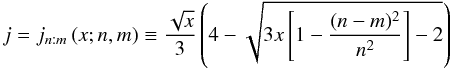 Mathematical equation: \begin{equation} j = j_{n:m}\left(x;n,m\right) \equiv \frac{\sqrt{x}}{3} \left(4 - \sqrt{3x\left[1 - \frac{(n-m)^2}{n^2}\right] - 2}\right)\label{vztah-pro-spin-Kerr} \end{equation}