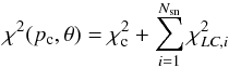 Mathematical equation: \appendix \setcounter{section}{1} \begin{equation} \chi^2(p_{\rm c}, \theta) = \chi^2_{\rm c} + \sum_{i=1}^{N_{\rm sn}} \chi^2_{LC,i} \label{eq:chi2g} \end{equation}