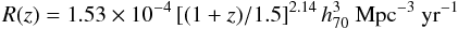 Mathematical equation: $$ R(z) = 1.53\times 10^{-4} \left [ (1+z)/1.5 \right ]^{2.14} h_{70}^3\ \mathrm{Mpc^{-3}\ yr^{-1}} $$