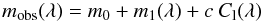 Mathematical equation: \begin{equation} m_{\rm obs}(\lambda) = m_0 + m_1 (\lambda) + { c\ C_{\rm l}(\lambda)} \label{eq:colour_law} \end{equation}