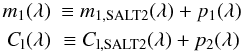 Mathematical equation: \begin{eqnarray} m_1(\lambda) &\equiv m_{1,{\rm SALT2}}(\lambda) + p_1(\lambda) \nonumber \\ C_{\rm l}(\lambda) &\equiv C_{\rm l,SALT2}(\lambda) + p_2(\lambda) \label{eq:polys} \end{eqnarray}