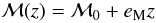 Mathematical equation: \begin{equation} \mathcal{M}(z) = \mathcal{M}_0 + e_{\rm M} z \label{eq:M_depend_z} \end{equation}