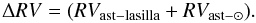 Mathematical equation: \begin{equation} \Delta RV =(RV_{\rm ast-lasilla} + RV_{\rm ast-\sun}). \label{E1} \end{equation}