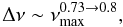 Mathematical equation: \begin{equation} \Delta \nu \sim \nu_{\rm max}^{0.73 \to 0.8}, \label{dnunumax} \end{equation}