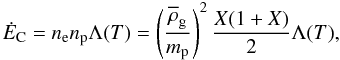 Mathematical equation: \begin{equation} \label{collrate} \EC=n_{\rm e}n_{\rm p} \LT=\left(\frac{\rhogasmean}{\mpr}\right)^2 \frac{X(1+X)}{2}\LT, \end{equation}
