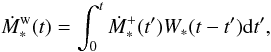 Mathematical equation: \appendix \setcounter{section}{1} \begin{equation} \label{dMwinddef} \DMwind(t)=\int^t_0 \DMstarp(t') \W (t-t') {\rm d}t', \end{equation}