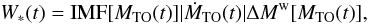 Mathematical equation: \appendix \setcounter{section}{1} \begin{equation} \label{Wdef} \W(t)={\rm IMF}[\Mto]\vert\DMto\vert \Delta M^{\rm w}[\Mto], \end{equation}