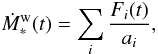 Mathematical equation: \appendix \setcounter{section}{1} \begin{equation} \label{dMwinddef_coeff} \DMwind(t)=\sum_i \frac{F_i(t)}{a_i}, \end{equation}