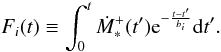 Mathematical equation: \appendix \setcounter{section}{1} \begin{equation} \label{F} F_i(t) \equiv \int_0^t \DMstarp(t') {\rm e}^{-\frac{t-t'}{b_i}} {\rm d}t'. \end{equation}