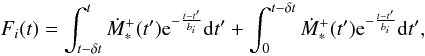 Mathematical equation: \appendix \setcounter{section}{1} \begin{equation} \label{dMwind_0} F_i(t)=\int^t_{t-\delt} \DMstarp(t') {\rm e}^{-\frac{t-t'}{b_i}} {\rm d}t'+\int^{t-\delt}_0 \DMstarp(t') {\rm e}^{-\frac{t-t'}{b_i}} {\rm d}t', \end{equation}