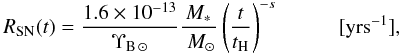 Mathematical equation: \appendix \setcounter{section}{1} \begin{equation} \label{RSN} \RSN(t)=\frac{1.6 \times 10^{-13}}{\NBsun}\frac{M_*}{\Msun} \left(\frac{t}{t_{\rm H}}\right)^{-s} \;\;\;\qquad[\yrs^{-1}], \end{equation}
