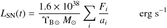 Mathematical equation: \appendix \setcounter{section}{1} \begin{equation} \LSN(t)= \frac{1.6\times 10^{38}}{\NBsun\Msun} \sum_i \frac{F_i}{a_i} \quad\quad\quad \rm{erg\; s^{-1}} \end{equation}