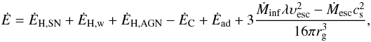 Mathematical equation: \begin{equation} \label{ergvolume} \dot E = \dot E_{\rm H,SN} + \dot E_{\rm H,w} + \dot E_{\rm H,AGN} -\EC +\dot E_{\rm ad} +3\frac{\DMinf\lambda \upsilon^2_{\rm esc}-\DMesc\csound^2}{16 \pi \rg^3}, \end{equation}