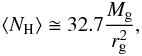 Mathematical equation: \begin{equation} \NH \cong 32.7 \frac{\Mgas}{\rg^2}, \end{equation}