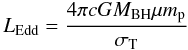 Mathematical equation: \begin{equation} \Ledd=\frac{4\pi c G \Mbh \mue \mpr}{\sigmat} \end{equation}
