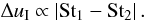 Mathematical equation: \begin{equation} \Delta u_{\rm I} \propto \left|\St_1-\St_2\right|. \label{eq:distri:dvTM1} \end{equation}