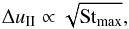 Mathematical equation: \begin{equation} \Delta u_{\rm II} \propto \sqrt{\St_{\rm max}}, \label{eq:distri:dv_TM2} \end{equation}
