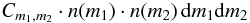 Mathematical equation: \begin{equation} C_{m_1,m_2}\cdot n(m_1)\cdot n(m_2)\, \dx{m_1} \dx{m_2} \label{eq:distri:collisions1} \end{equation}