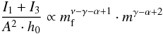 Mathematical equation: \appendix \setcounter{section}{1} \begin{equation} \frac{I_1+I_3}{A^2\cdot h_0} \propto \mf^{\nu-\gamma-\alpha+1}\cdot m^{\gamma-\alpha+2} \label{eq:distri:I13} \end{equation}